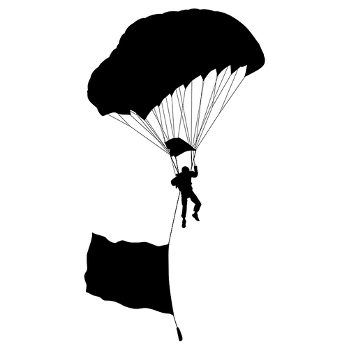 Skydiver, silhouettes parachuting on white background.