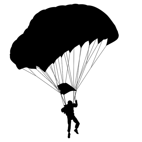 Skydiver, silhouettes parachuting on white background.