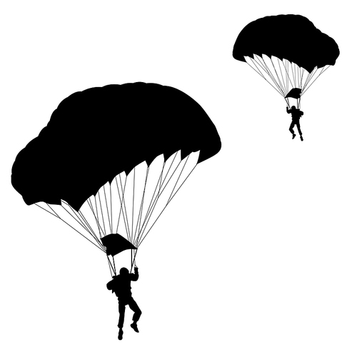 Skydiver, silhouettes parachuting on white background.