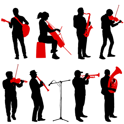 Silhouettes street musicians playing instruments on a white background.