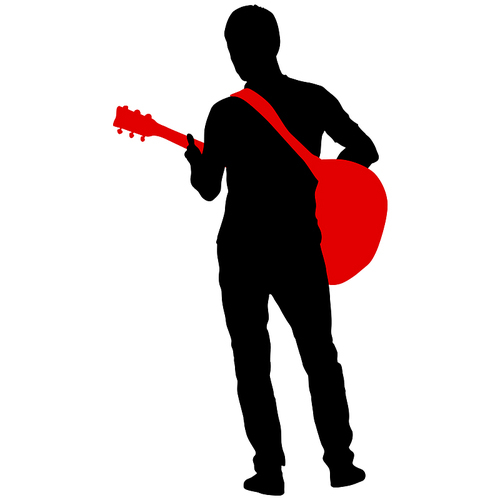 Silhouette musician plays the guitar on a white background.