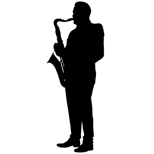 Silhouette of musician playing the saxophone on a white background.