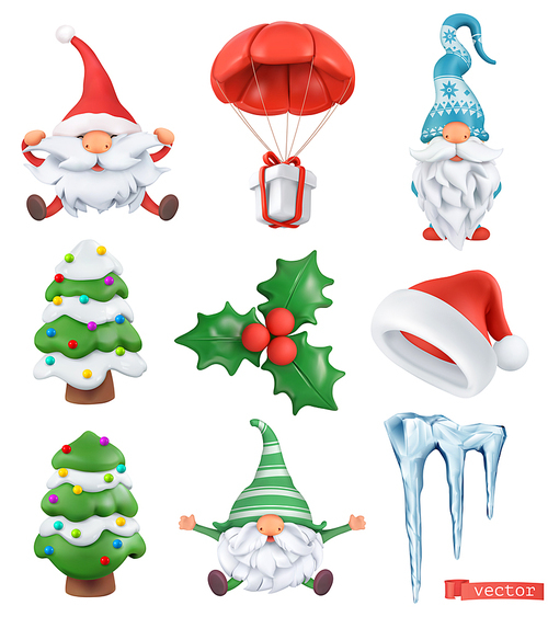 Christmas cartoon 3d vector icon set. Santa claus, santa hat, dwarves, tree, gift, icicle, holly