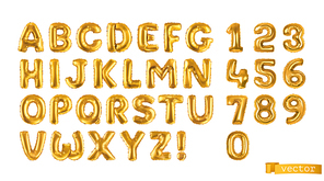 Gold balloons, alphabet letters and numbers. 3d vector realistic symbols. Festive decorations set