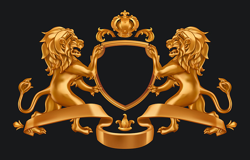Gold coat of arms lions and crown. 3d vector illustration on black background