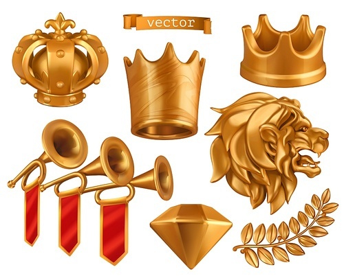 Gold crown of the king. Laurel wreath, fanfare, lion. 3d vector realistic icon set