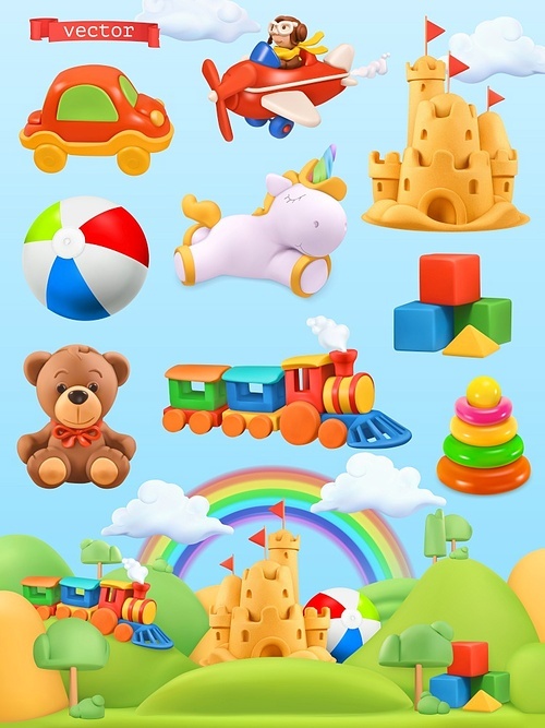 Kids toys set. 3d vector background. Plasticine art illustration