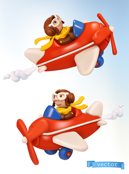 Little pilot with a toy airplane 3d vector icon