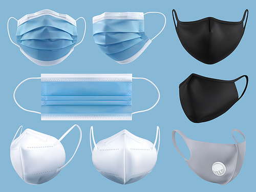 Medical mask, surgical mask, virus and infection protection. 3d realistic vector object set