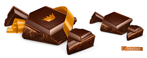 Pieces of chocolate with gold. 3d vector realistic objects