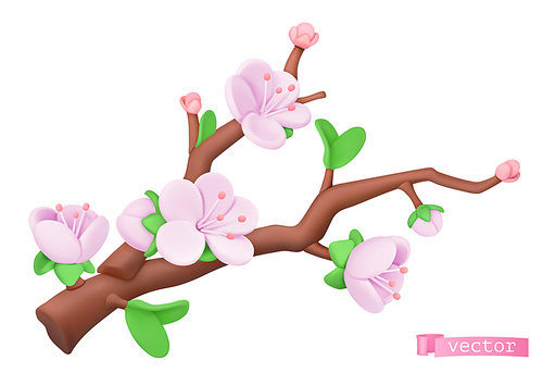 Spring flowers, plasticine art illustration. Tree branch. 3d cartoon vector icon