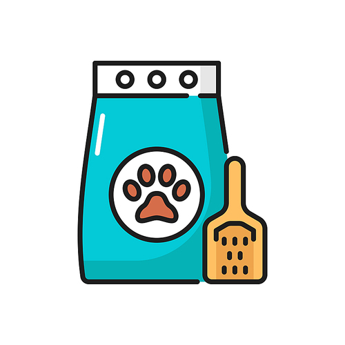 Cat filler and scoop isolated outline icon. Vector package of sand for pets toilet, silica gel absorbent, feline and canine animals toilet accessory, packet with cat or dog, kitten or puppy paw