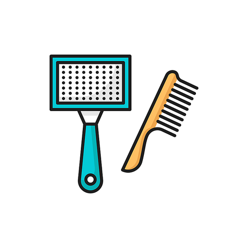 Pet grooming brush isolated dogs and cats vet care accessory outline icon. Vector canine hairbrush domestic animals cleaning accessory. Hairdresser groomer combing brush for puppies and kittens