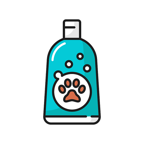Cat shampoo bottle isolated pet animals hygiene cleaning pack thin line icon. Vector soft pets cosmetic pedigree beauty treatment. Grooming shower, bathing soap to wash cats, kittens and puppies fur