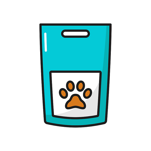 Pet cat dog dry food bag feeding package isolated outline icon. Vector pack with paw print, veterinary nutrition kittens and puppies meal. Domestic animals health and care nutrition dietary supplement