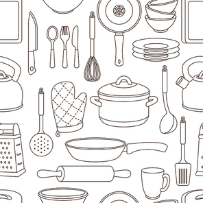 Seamless pattern with kitchen utensils. Cooking equipment for home and restaurant.