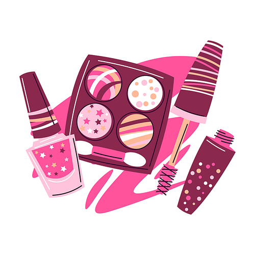 Background with cosmetics for skincare and makeup. Illustration for catalog or advertising. Beauty and fashion items.