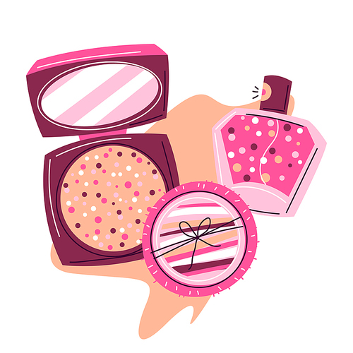 Background with cosmetics for skincare and makeup. Illustration for catalog or advertising. Beauty and fashion items.