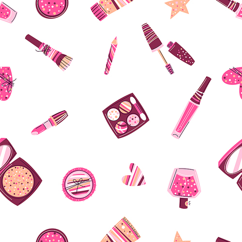 Seamless pattern with cosmetics for skincare and makeup. Illustration for catalog or advertising. Beauty and fashion items.