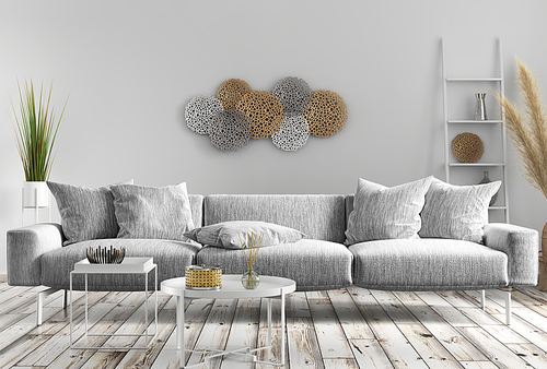 Modern interior design of scandinavian apartment, living room with gray sofa, home design. 3d rendering