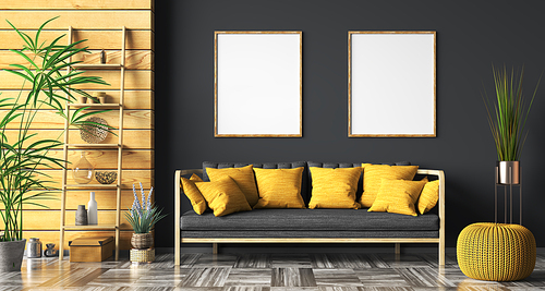 Interior design of modern living room with black sofa over the mockup wall with two posters, wooden panelling, home design 3d rendering