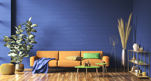 Interior design of modern living room with orange sofa over the blue mockup wall, home design 3d rendering