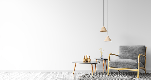 Interior of living room with coffee tables, lamp and gray armchair over the white wall mockup 3d rendering