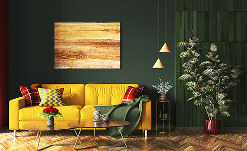 Interior design of modern apartment, yellow sofa in contemporary living room, wooden poster on the wall and wooden panelling, home design. 3d rendering