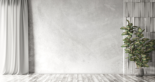 Empty room interior background, gray stucco wall and white wooden floor, pot with plant 3d rendering