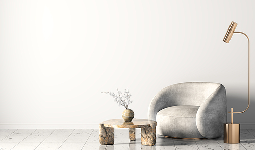 Interior of living room with floor lamp, coffee table, gray armchair over empty white mock up wall 3d rendering