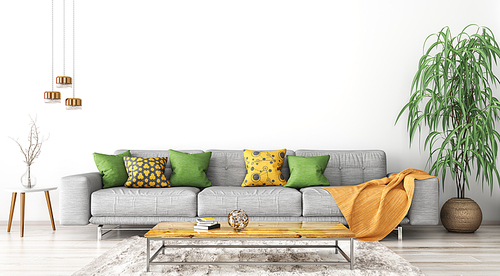 Modern interior design of scandinavian apartment, living room with grey sofa, home 3d rendering
