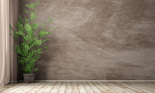 Empty room interior background, brown stucco wall, pot with plant on the wooden floor 3d rendering