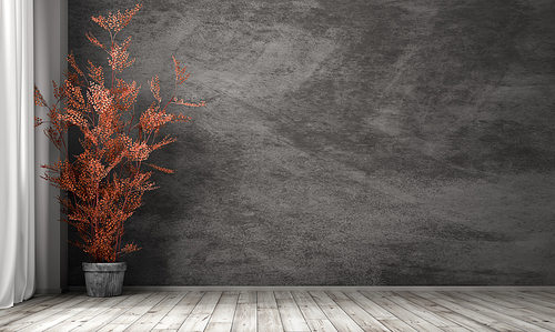 Empty room interior background, black stucco wall, pot with red plant 3d rendering