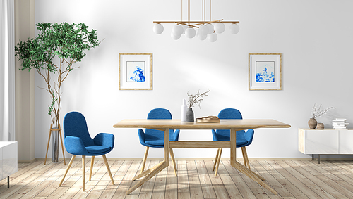 Interior design of modern sunny dining room, wooden table and blue chairs against white wall, scandinavian home 3d rendering
