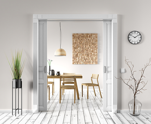 Interior of living room with beige wall and white door to the modern dining room, wooden table and chair, wooden decor on the wall. Contemporary home design. 3d rendering