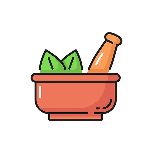 Mortar and pestle bowl of spa powder with green herb leaves isolated icon. Vector powdered herbs and bay leaves, oriental aromatic cosmetics and ingredient, dry spices condiment. Herbal powder