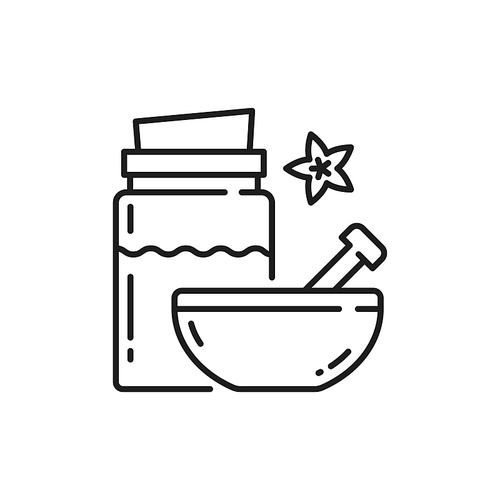 Mortar and pestle, bowl of spa powder isolated outline icon. Vector spicy gourmet seasoning, line art turmeric, herbal or ginseng ginger powder, oriental aromatic cosmetics ingredient, dry spices