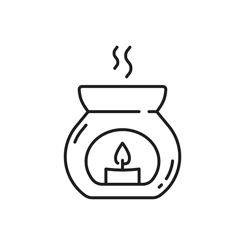 Aroma candle in glass jar isolated outline icon. Vector romantic decor element, spa, aromatherapy and massage, beauty salon, accessory for relaxing. Burning aromatic lighted candle in cup, thin line