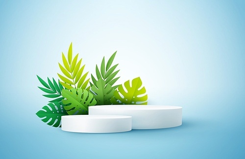 Product display podium decorated with tropical palm leaves on blue background. Vector illustration 3D effect