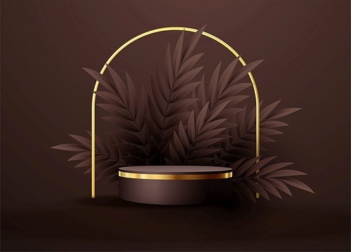 Minimal black scene with geometric shapes and palm leaves. Cylindrical gold and black podium on a brown chocolate background. 3D stage for displaying a cosmetic product, showcase