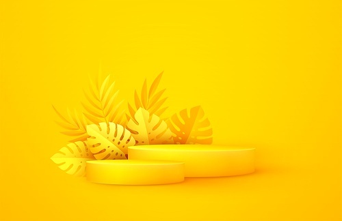 Minimal yellow scene with geometric shapes and palm leaves. Cylindrical podium on a yellow background. 3D monochrome stage for displaying a cosmetic product, showcase