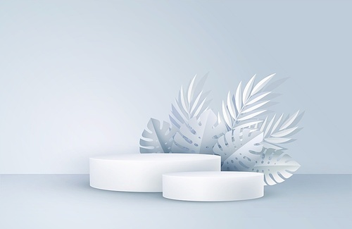 Minimal white scene with geometric shapes and palm leaves. Cylindrical podium on a yellow background. 3D monochrome stage for displaying a cosmetic product, showcase