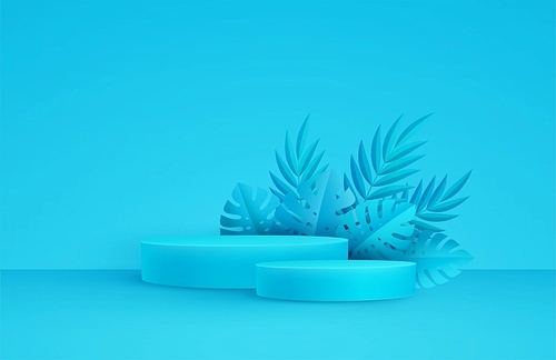 Minimal yellow scene with round platform and palm leaves. Cylindrical podium on a blue background. 3D monochrome stage for displaying a cosmetic product, showcase