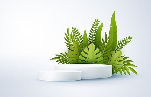 Minimal white scene with geometric shapes and green tropical palm leaves. Cylindrical podium on a yellow background. 3D monochrome stage for displaying a cosmetic product, showcase. Monstera and palm leaf