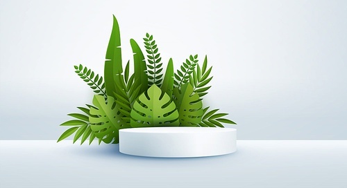 Minimal white scene with geometric shapes and green tropical palm leaves. Cylindrical podium on a yellow background. 3D monochrome stage for displaying a cosmetic product, showcase. Monstera and palm leaf