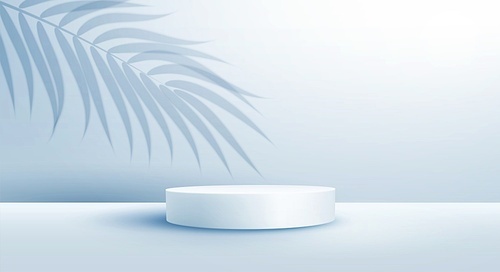 Product display podium with overlay palm leaves shadow on pastel background. Vector illustration 3D effect