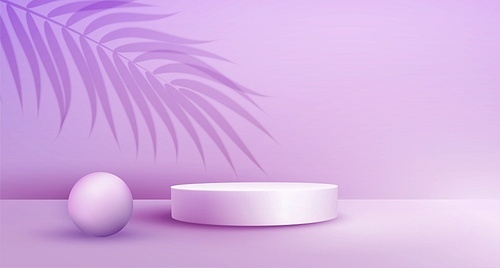 Product display podium with overlay palm leaves shadow on pastel background. Vector illustration 3D effect