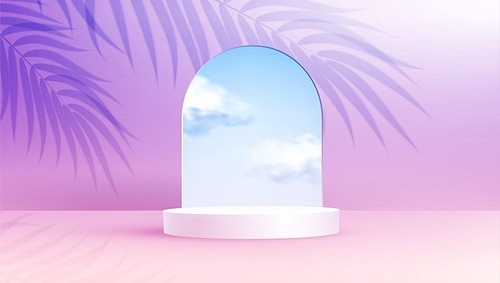 Product display podium decorated with realistic cloud in glass arch frame on summer color pastel background with overlay palm leaves shadow. Pink and purple backdrop. Vector illustration 3D effect