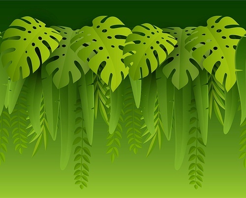 Seamless green Summer Tropical Leaves. Paper cut style. Monstera and green palm leaf. Tropic seamless border. For interior and showcase decoration. Vector illustration EPS10