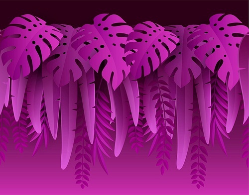 Seamless purple Summer Tropical Leaves. Paper cut style. Monstera and purple palm leaf. Tropic seamless border. For interior and showcase decoration. Vector illustration EPS10